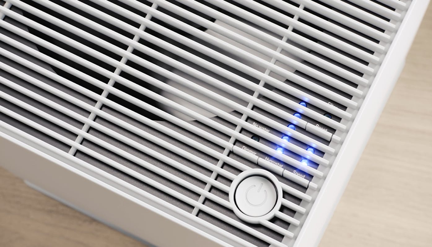 Tryb nocny - przyciemniane kontrolki Widok na górne przyciski i diody kontrolne nawilżacza Oskar